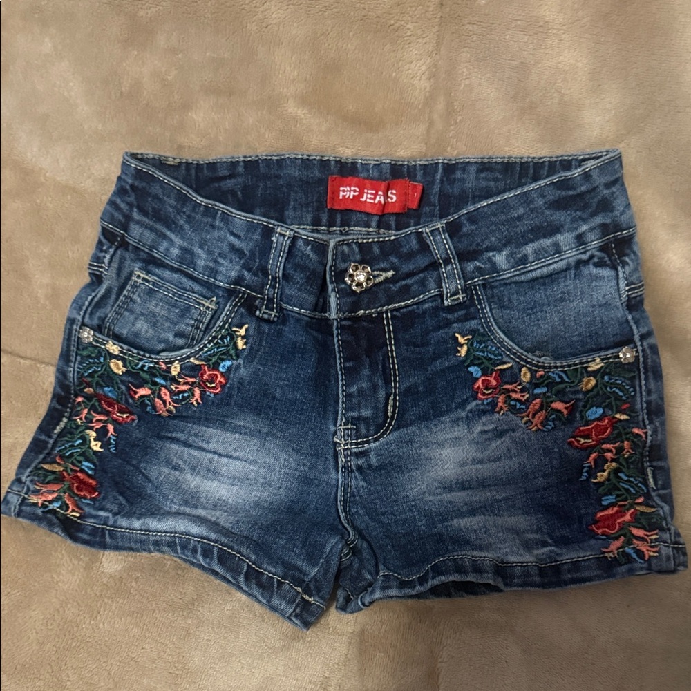 Girls Embroidered Blue Denim Shorts